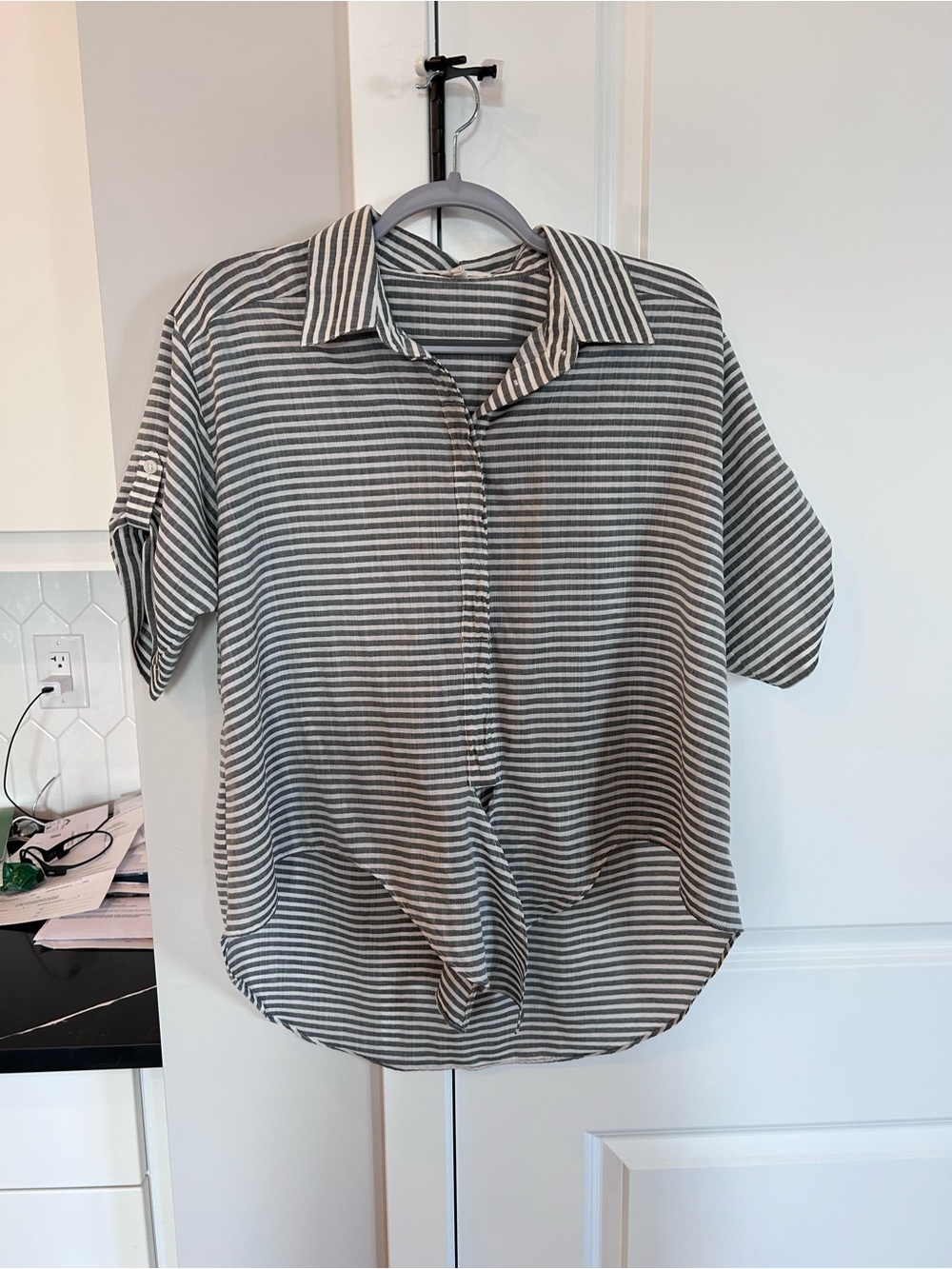 BCBGeneration Black White Striped Button-Up Shirt Front Tie Oversized Light Top